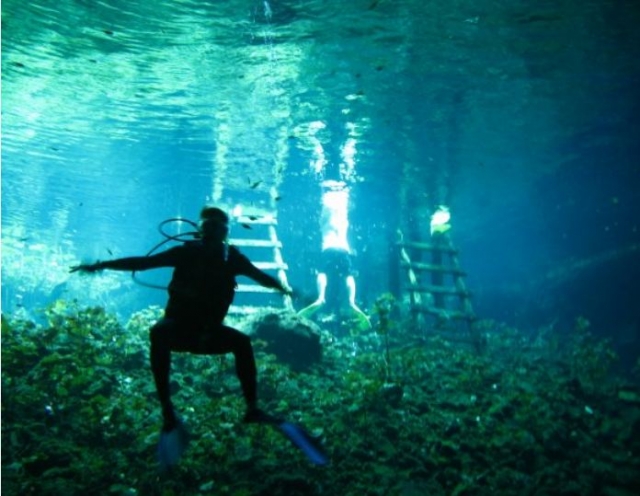 Interior de un cenote con buceo